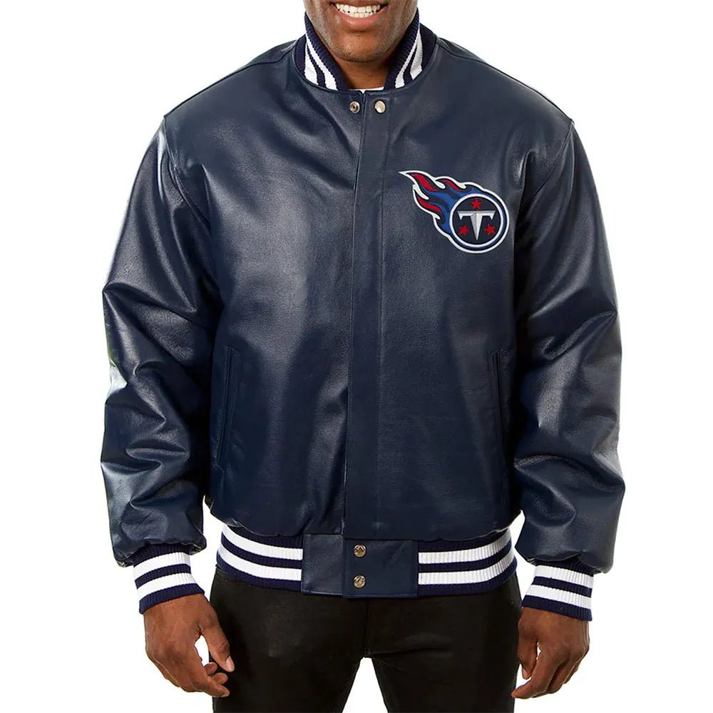 Men Tennessee Titans Navy Blue Varsity Leather Jacket - NFL