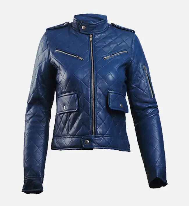 Women Blue Leather Puffer Jacket